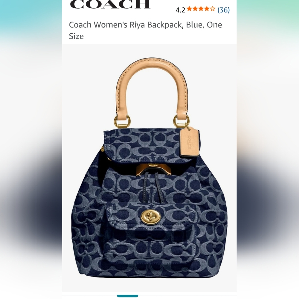 Coach Blue and Tan Riya Backpack with Signature Pattern